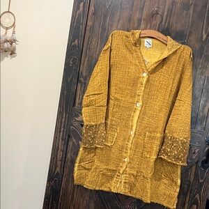 Jaded Gypsy- Mustard Yellow Hooded Button-Front Jacket, Top, Duster or Dress